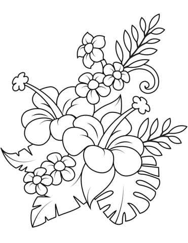 1527063860_bouquet with hibiscus and monstera leaves coloring page