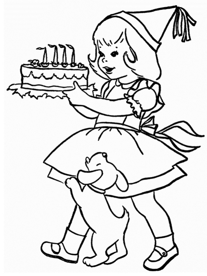 Little Girl with Birthday Cake and Puppy