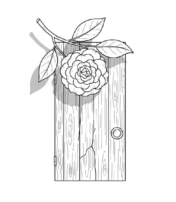 Camellia and Wooden Door