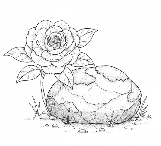 Camellia and a Mossy Stone