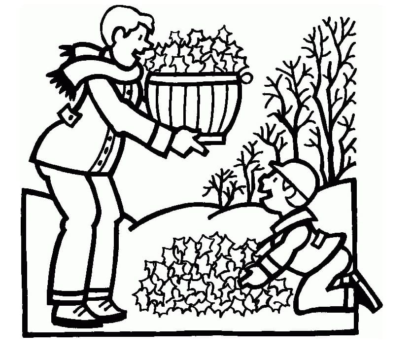 Dad and Son Gthering Autumn Leaves