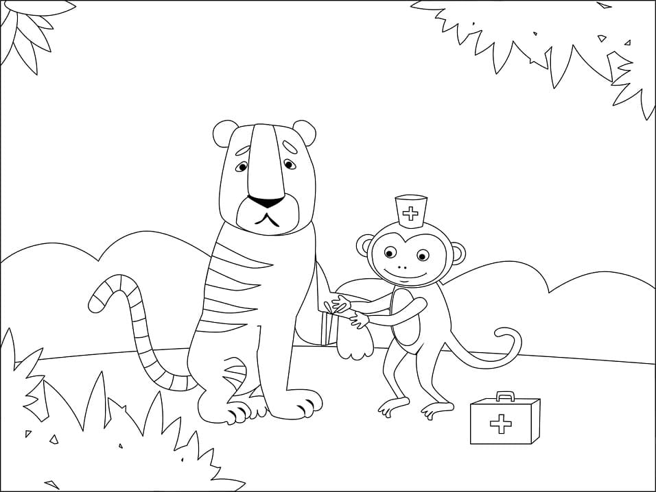 Doctor Monkey and Tiger coloring page