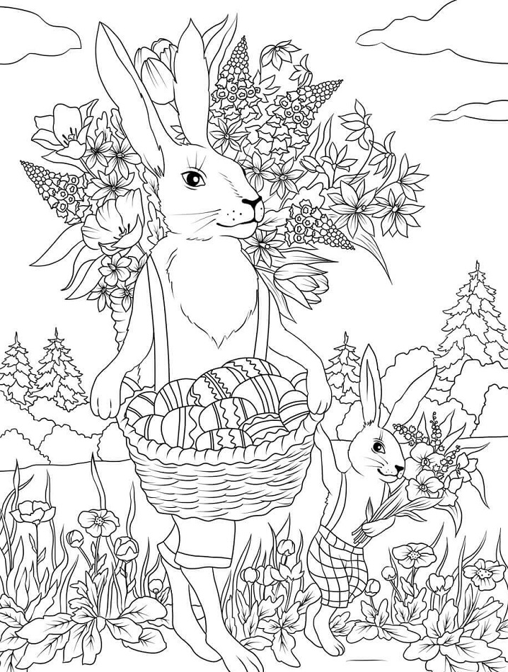 Rabbits with Easter Basket Coloring Game Rabbits with Easter Basket